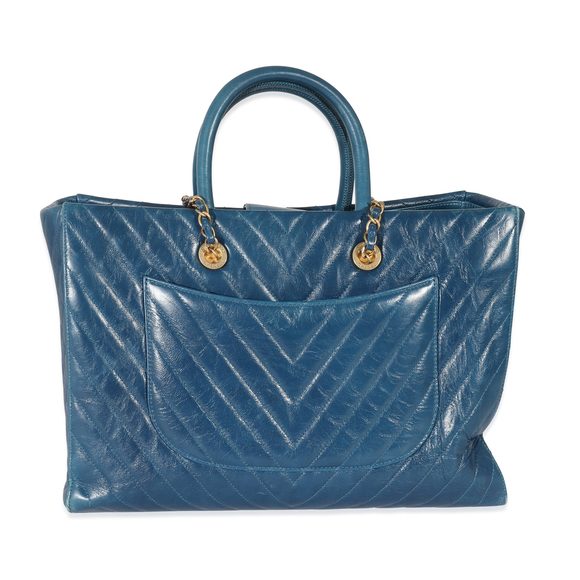 Chanel Blue Aged Calfskin Chevron Large Coco Handle Shopping Tote - Picture 3 of 8